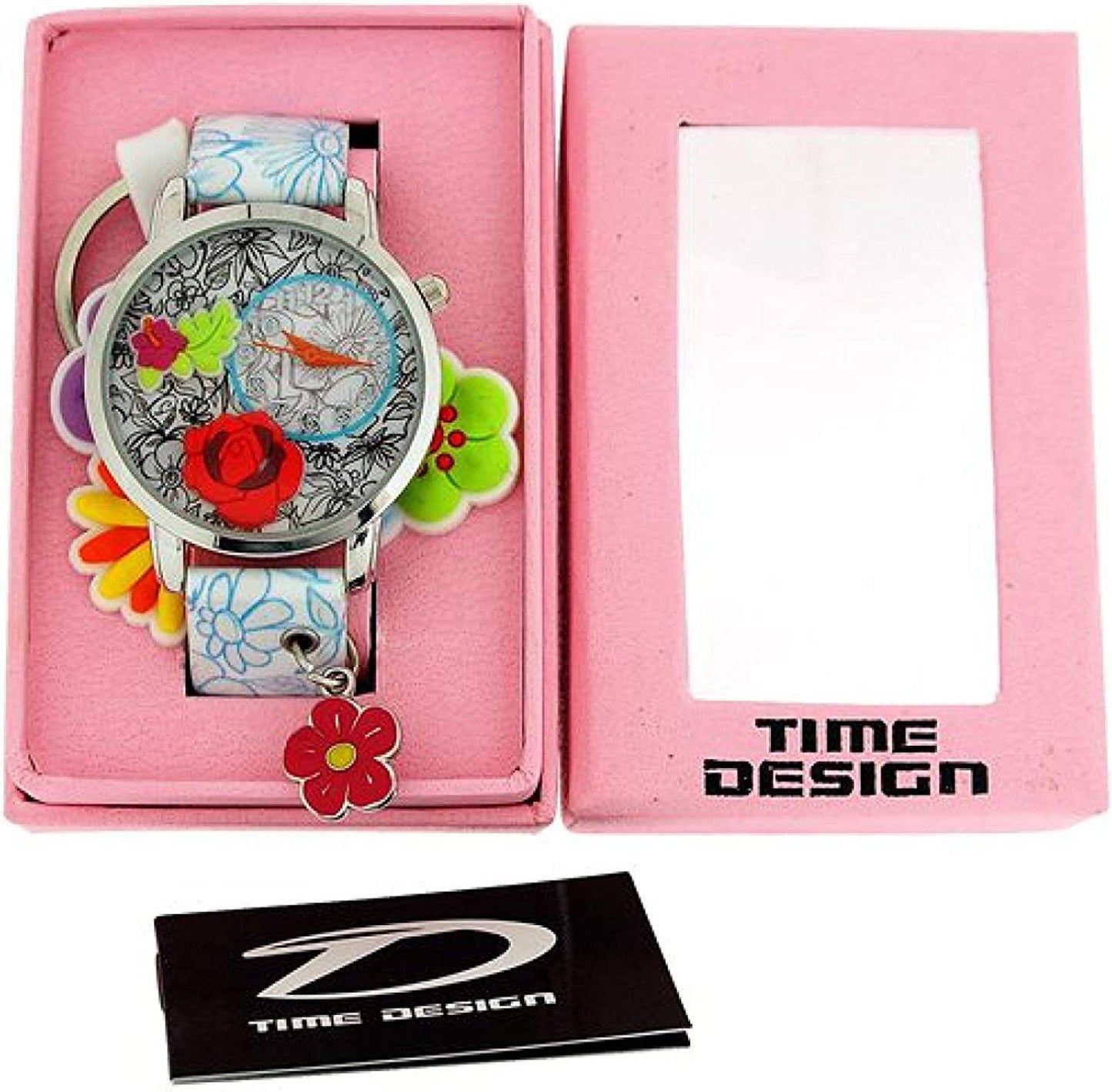 Time Design Kids Children Quartz Analogue Floral Watch Key Ring Set TDX4526