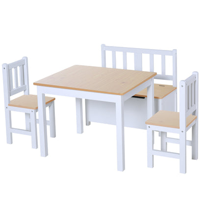 4-Piece Set Kids Wood Table Chair Bench Storage Function for 3 Years+ HOMCOM