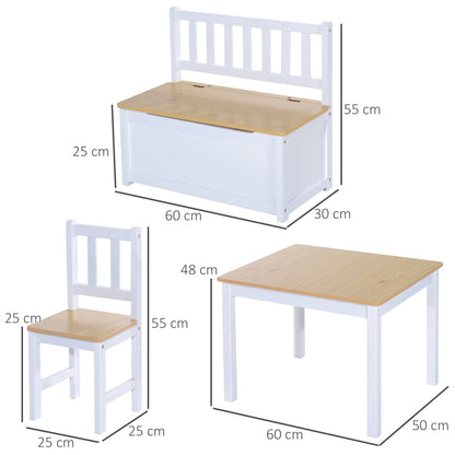 4-Piece Set Kids Wood Table Chair Bench Storage Function for 3 Years+ HOMCOM