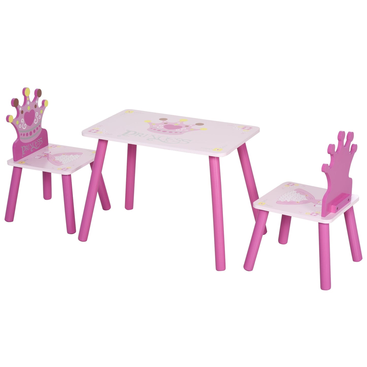 3 Pcs Kids Princess & Crown Chair Table Set Home Furniture 2-4 Yrs Pink HOMCOM