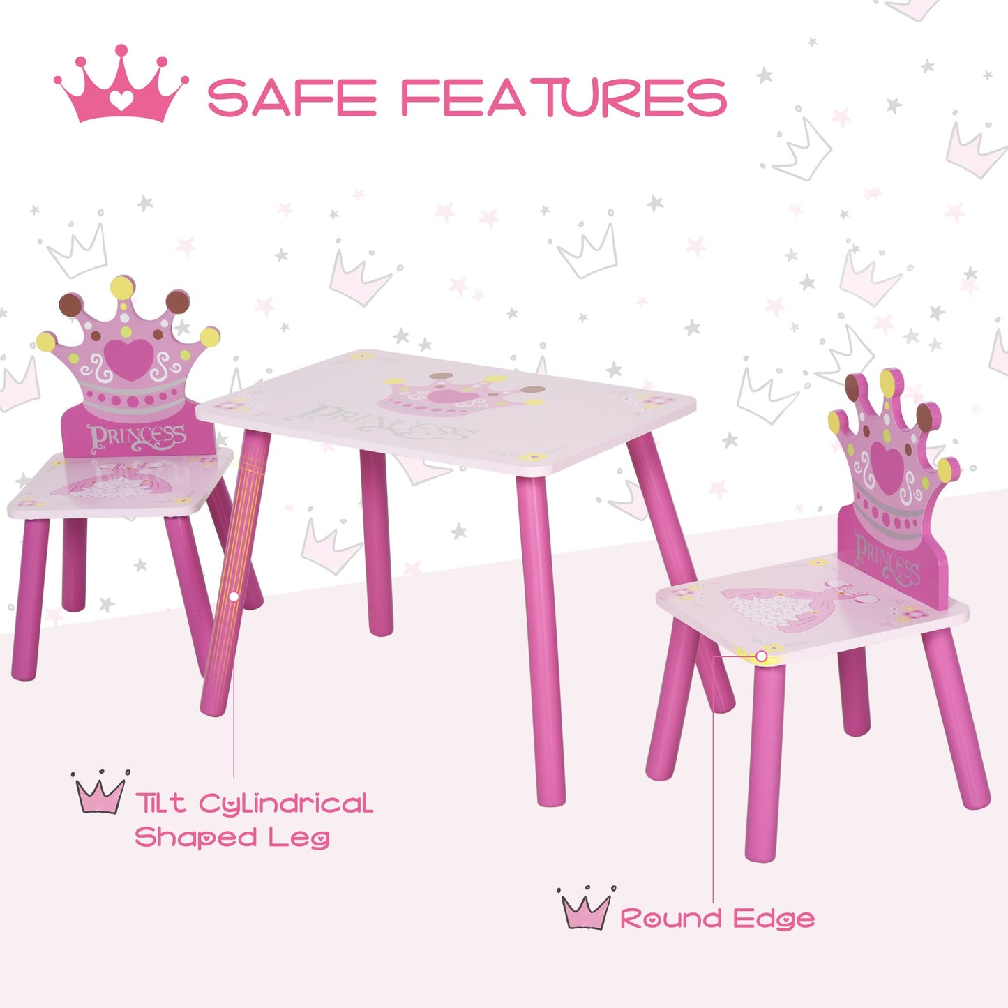 3 Pcs Kids Princess & Crown Chair Table Set Home Furniture 2-4 Yrs Pink HOMCOM