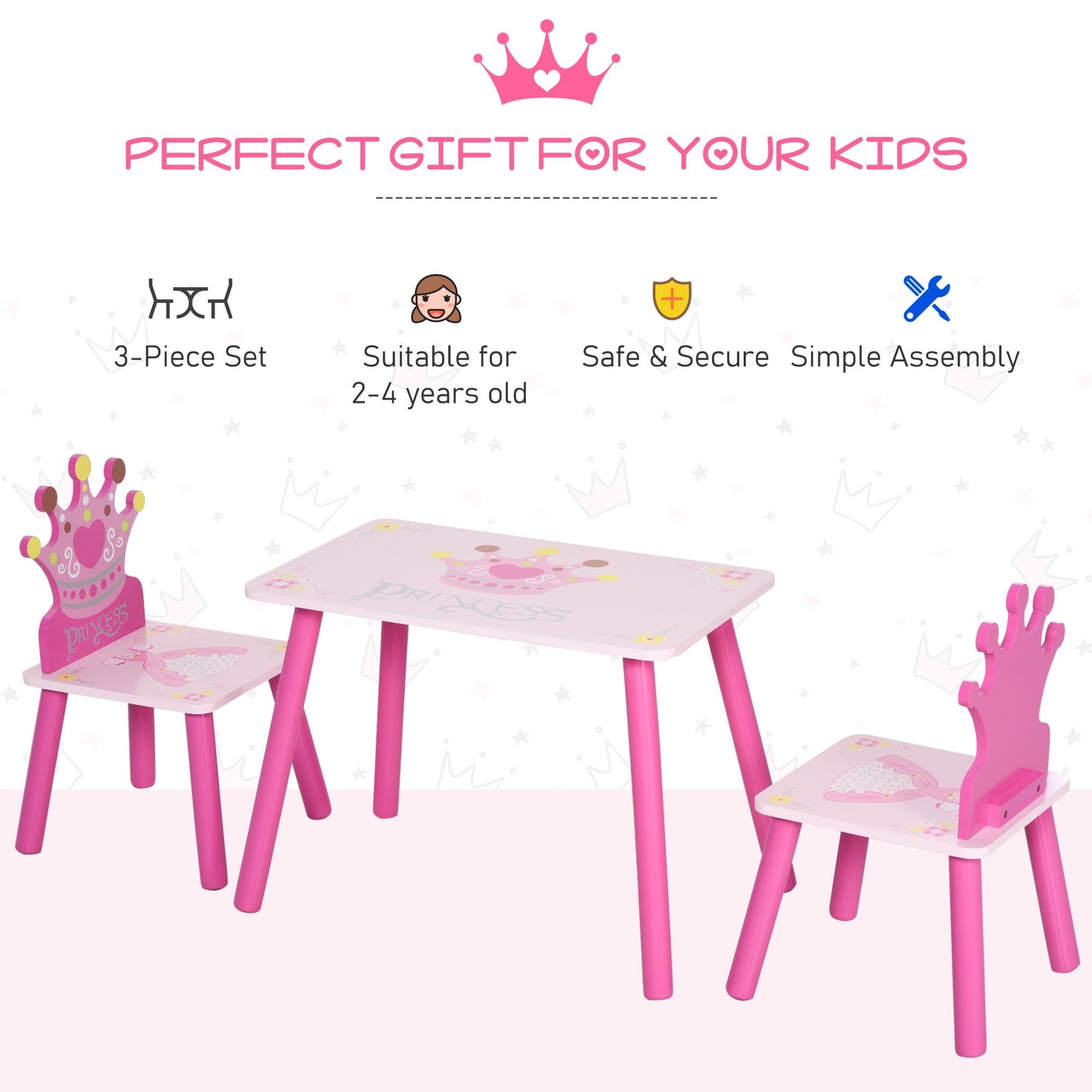 3 Pcs Kids Princess & Crown Chair Table Set Home Furniture 2-4 Yrs Pink HOMCOM