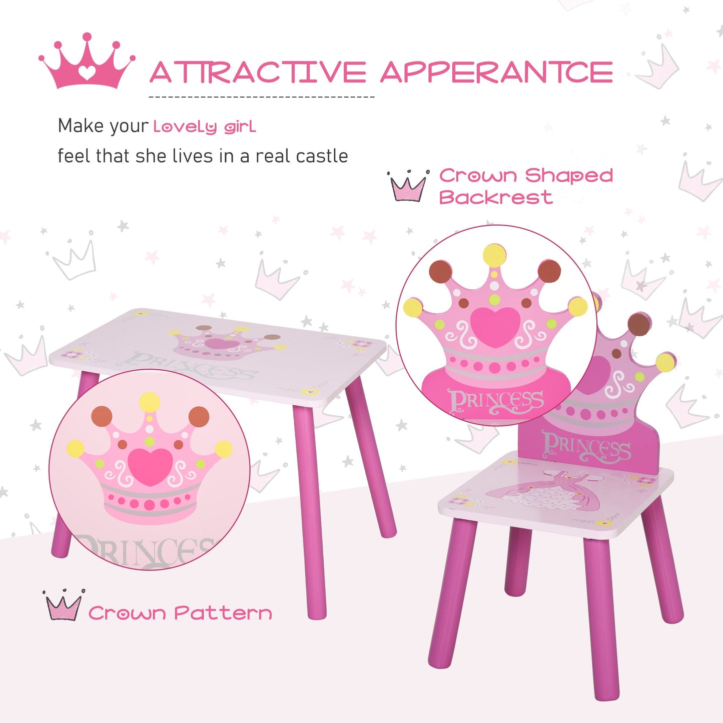 3 Pcs Kids Princess & Crown Chair Table Set Home Furniture 2-4 Yrs Pink HOMCOM