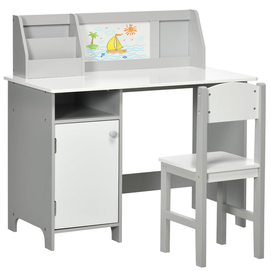 Two-Piece Childrens Table and Chair Set w/ Whiteboard Storage - Grey