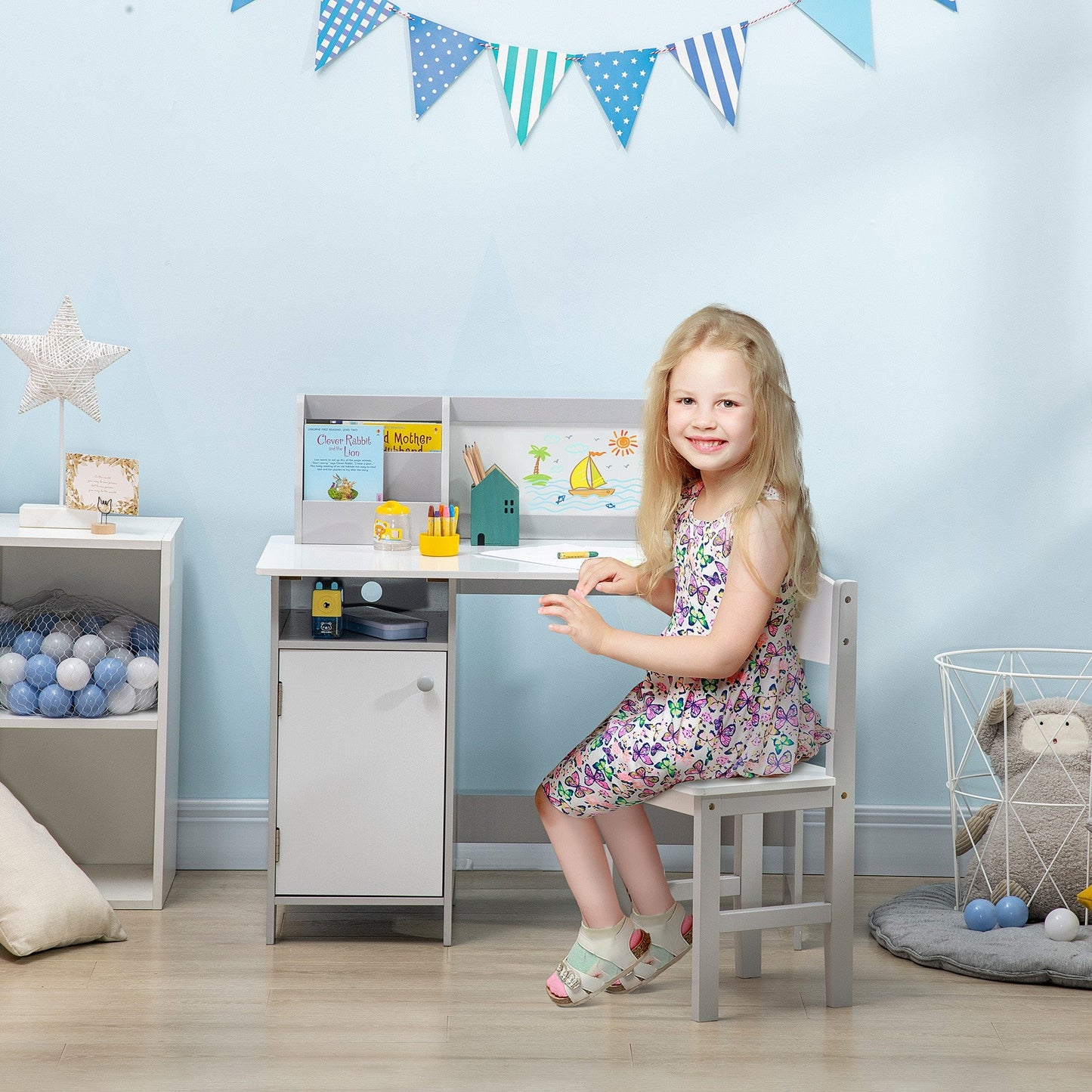 Two-Piece Childrens Table and Chair Set w/ Whiteboard Storage - Grey