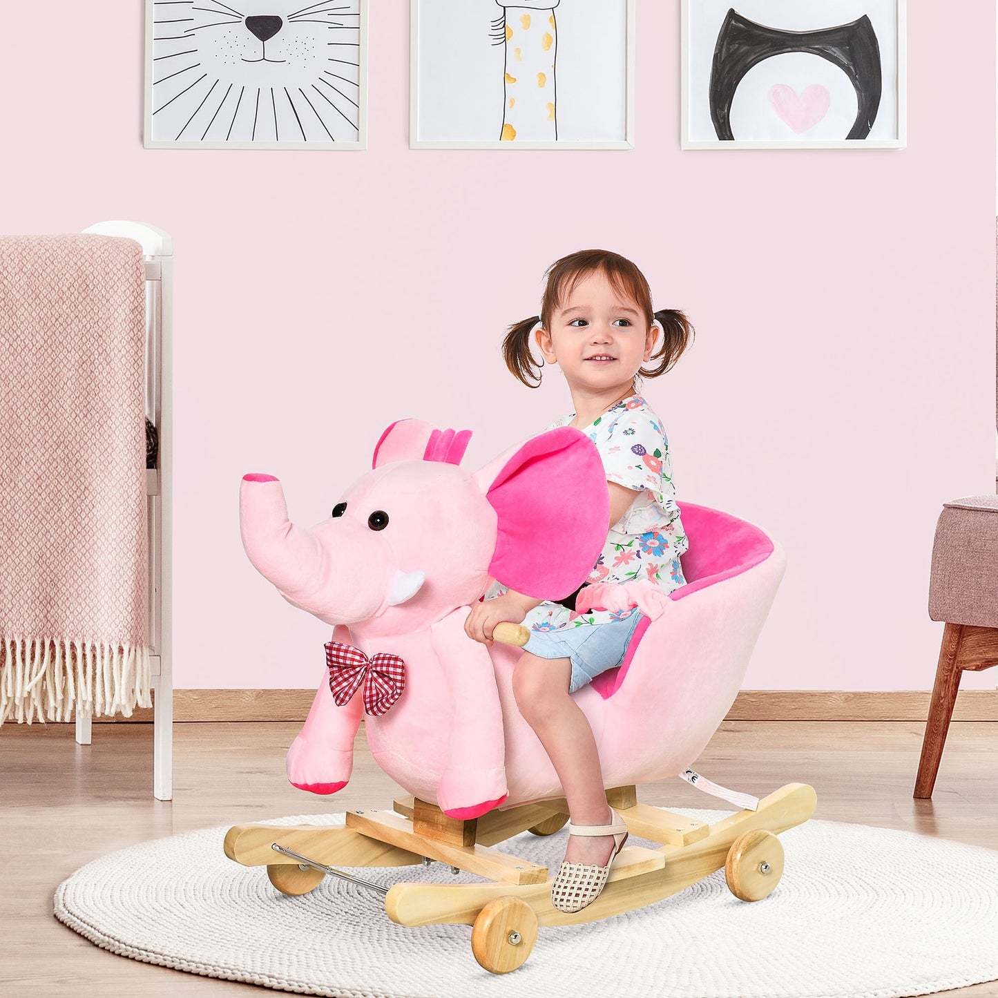 2-in-1 Baby Rocking Horse Ride On Elephant W/ Wheels Music, Pink