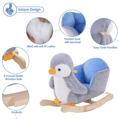 Animal Baby Rocking Horse Penguin Plush Musical Button w/32 Songs Wood