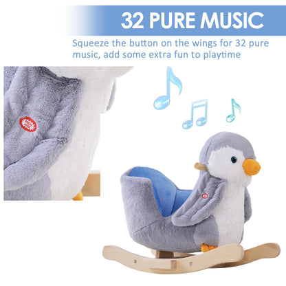 Animal Baby Rocking Horse Penguin Plush Musical Button w/32 Songs Wood