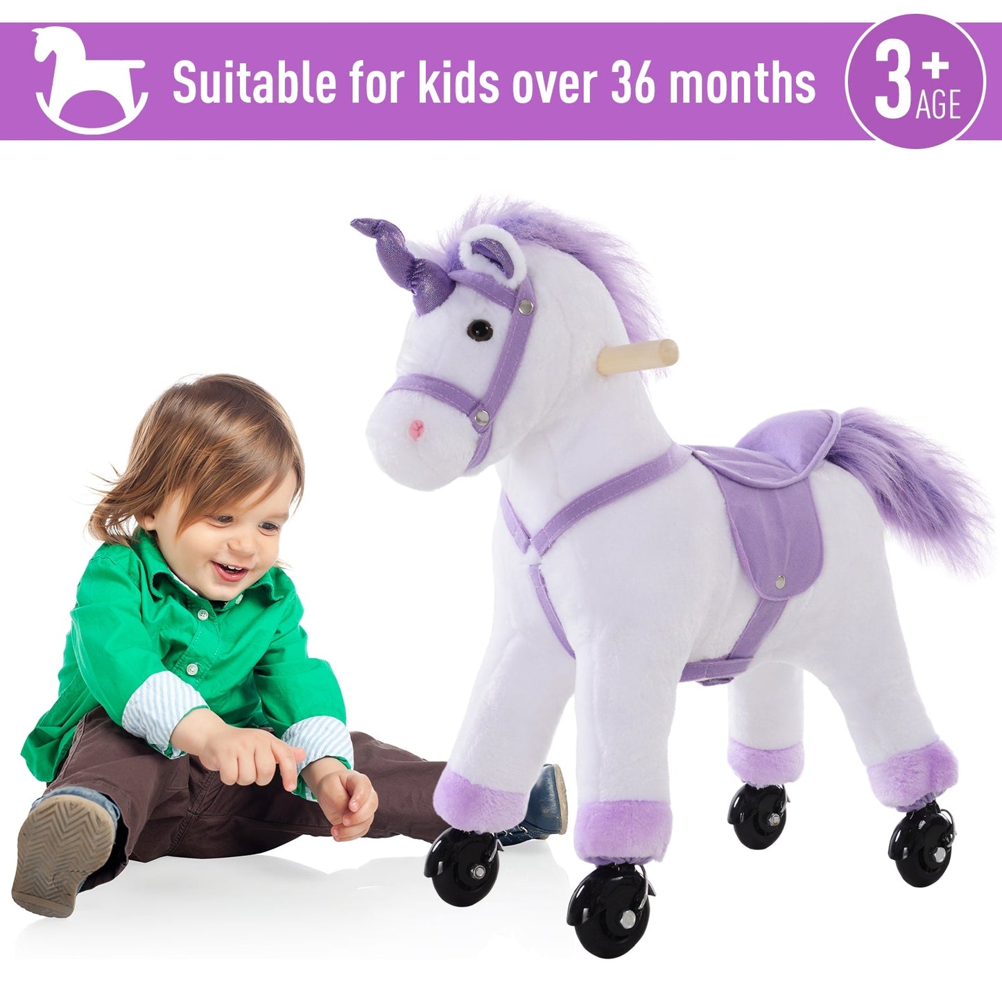 Kids Plush Ride-On Unicorn Walking Horse Toy Realistic Sound Handlebar