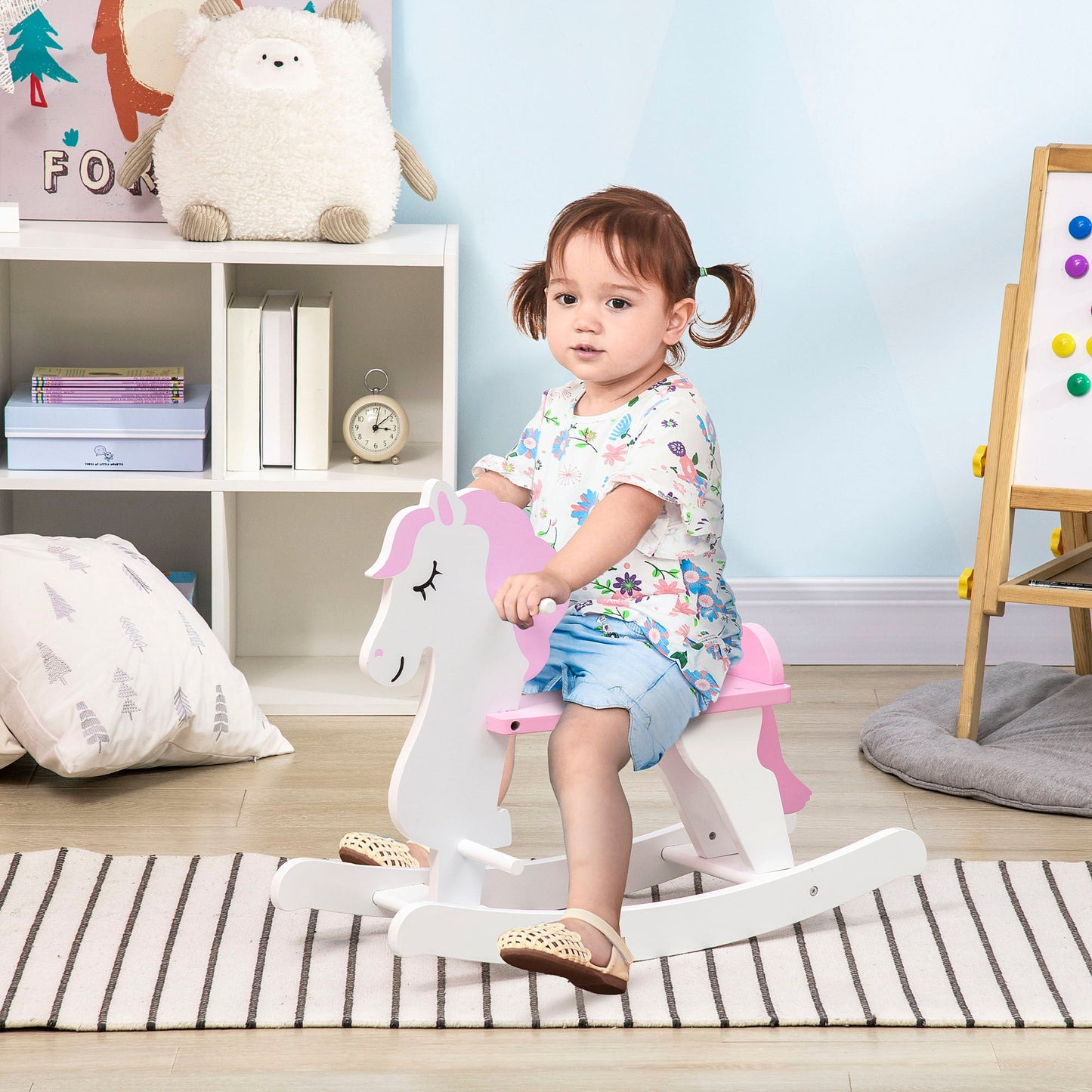 Kids Wooden Ride On Toy, Rocking Horse w/ Handlebar, Foot Pedal, Pink