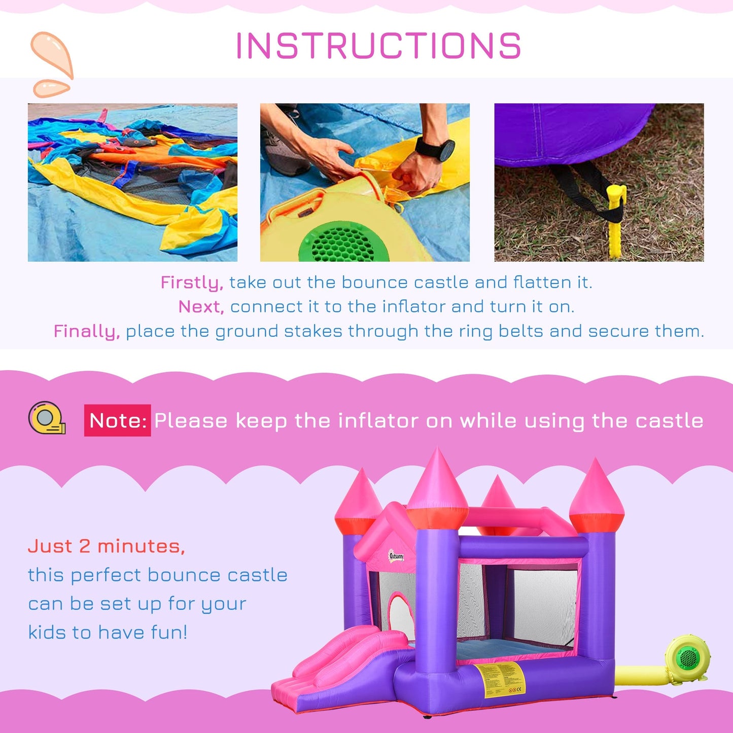 Bouncy Castle With Slide Inflatable Trampoline w/ Blower Multi-color