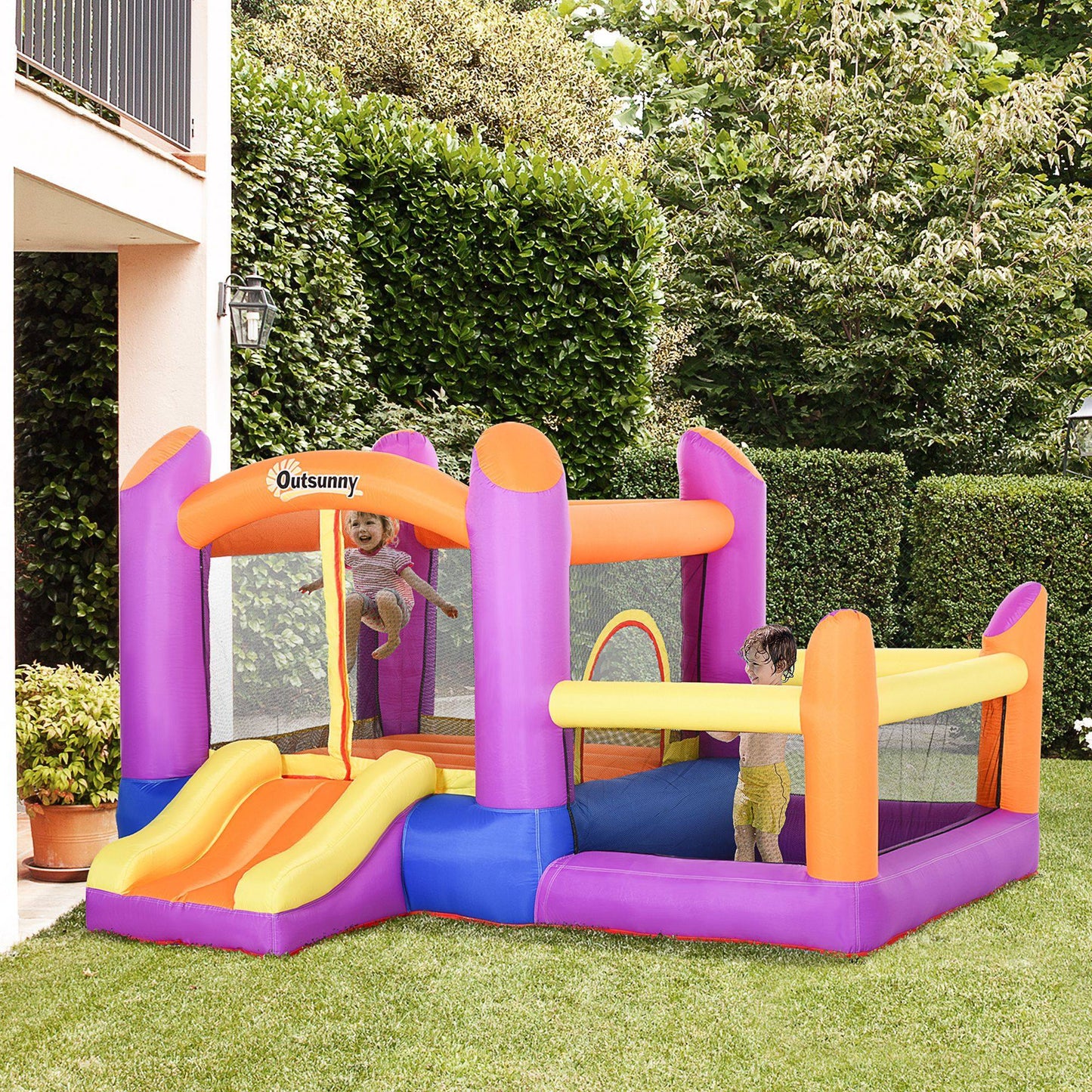 Bouncy Castle with Slide Pool House Inflatable w/ Blower Multi-color Outsunny