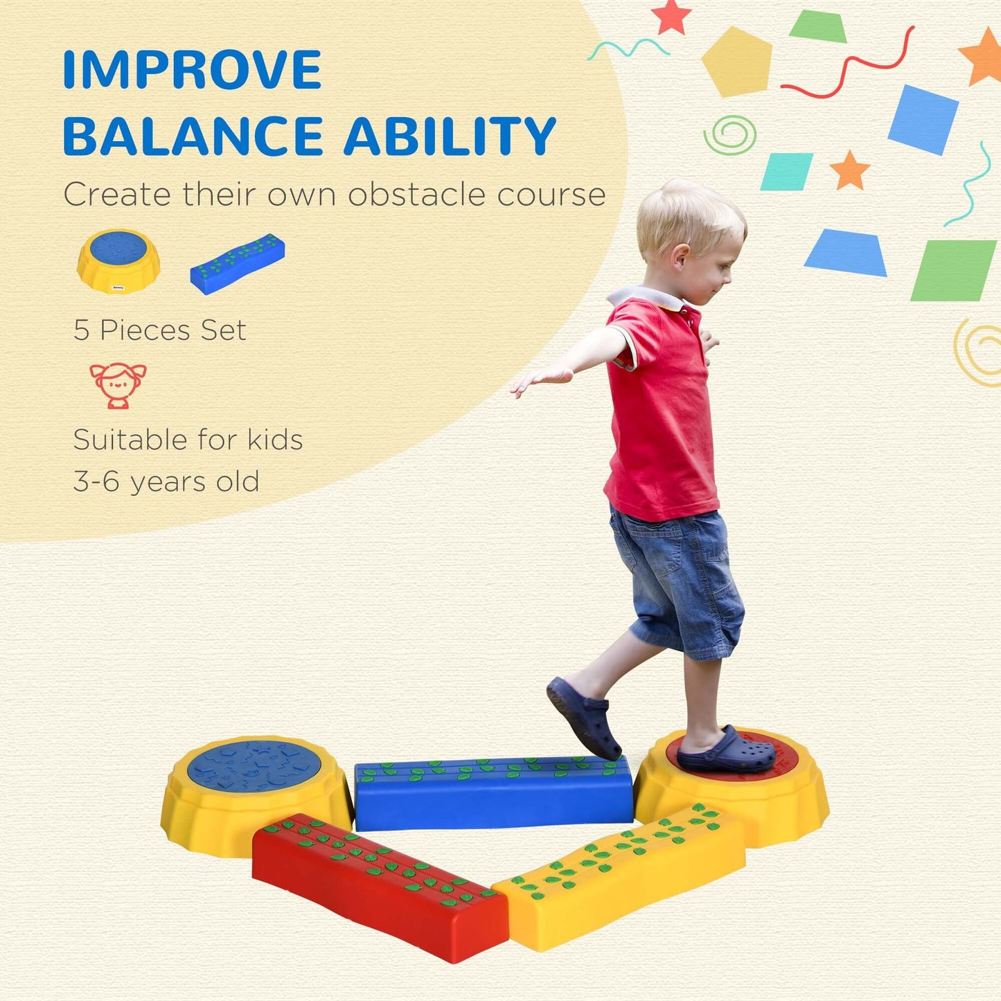 5 PCS Kids Stepping Stones Balance Beam Non-Slip Surface and Bottom Outsunny