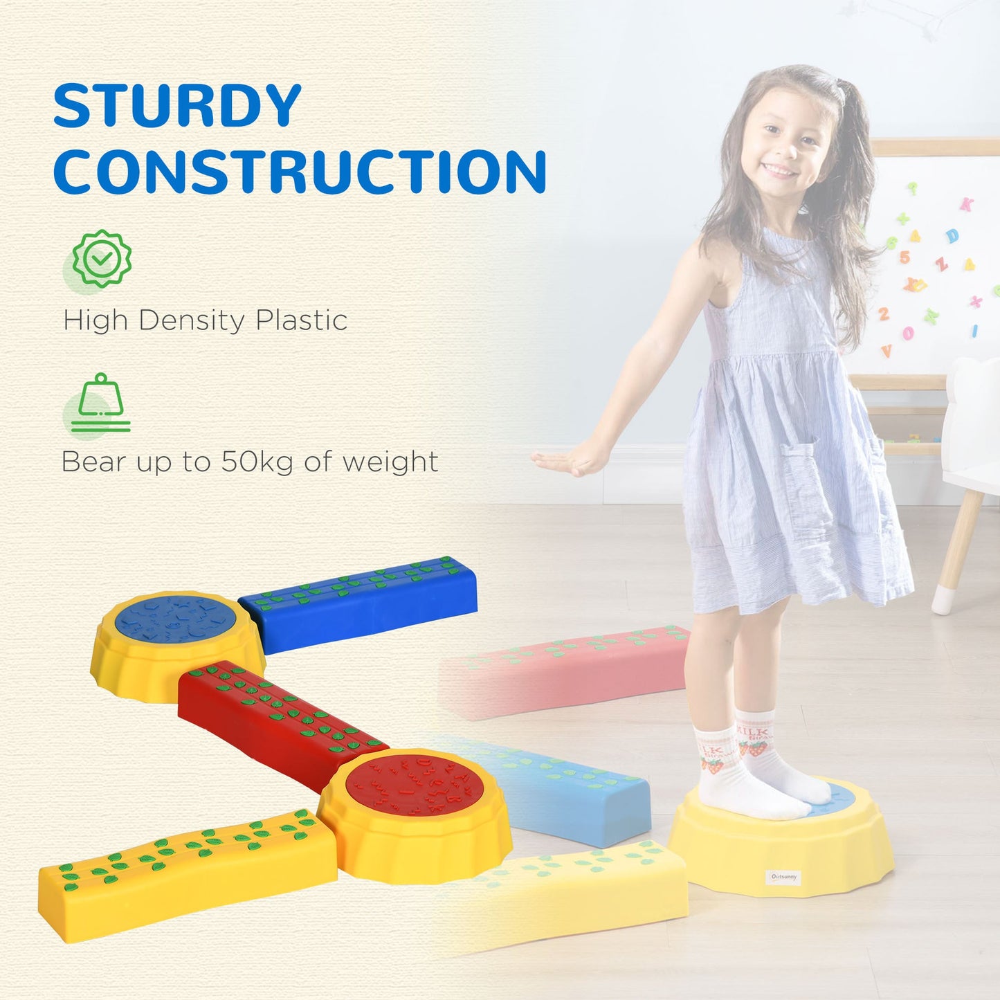 5 PCS Kids Stepping Stones Balance Beam Non-Slip Surface and Bottom Outsunny