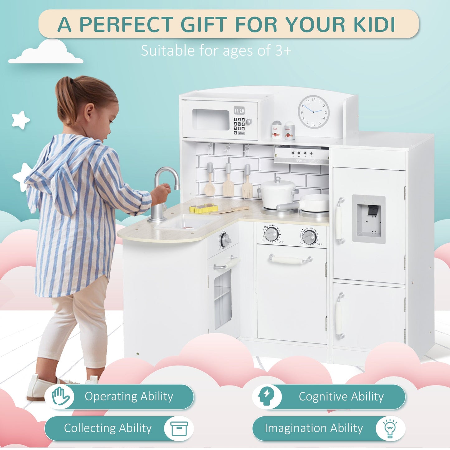 Kids Kitchen Play Kitchen Toy Set for Children Drinking Fountain White