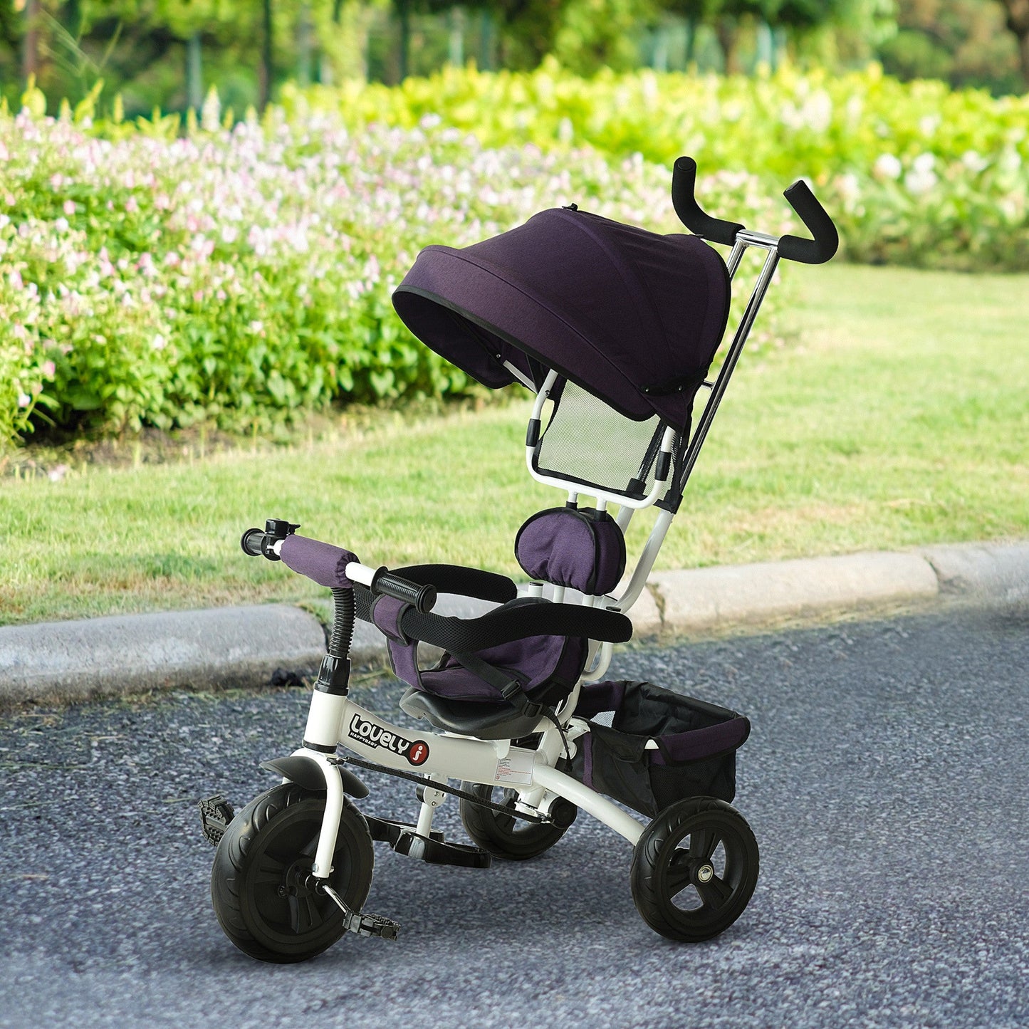 3 in 1 Kids Tricycle Pedal Push Trike with Canopy, Parent Handle Purple HOMCOM