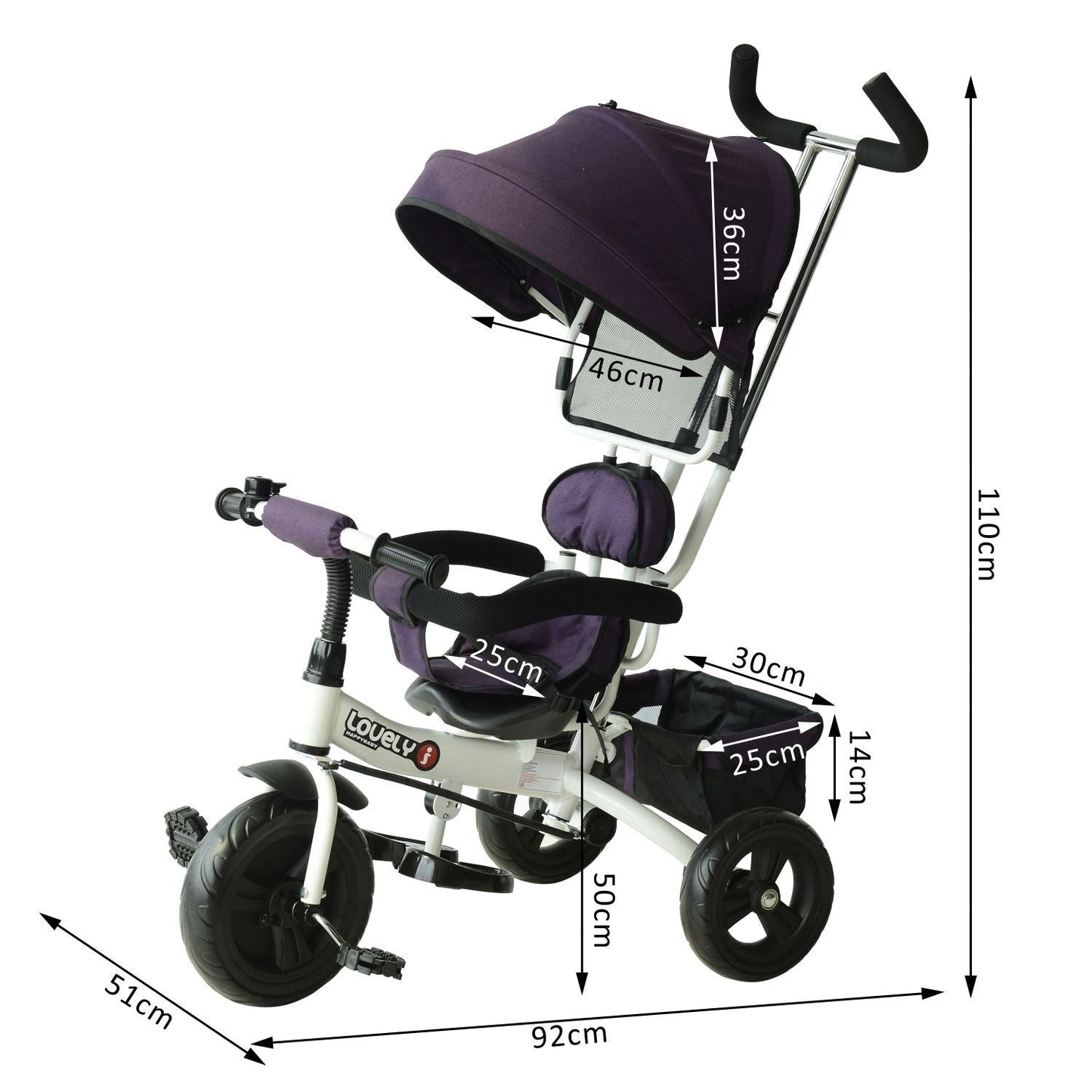 3 in 1 Kids Tricycle Pedal Push Trike with Canopy, Parent Handle Purple HOMCOM