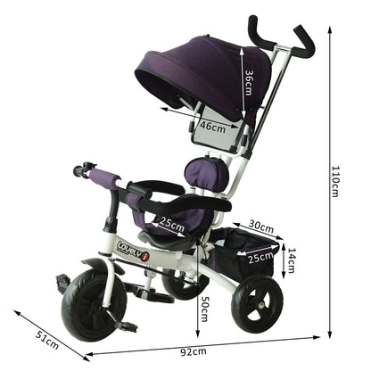 3 in 1 Kids Tricycle Pedal Push Trike with Canopy, Parent Handle Purple HOMCOM