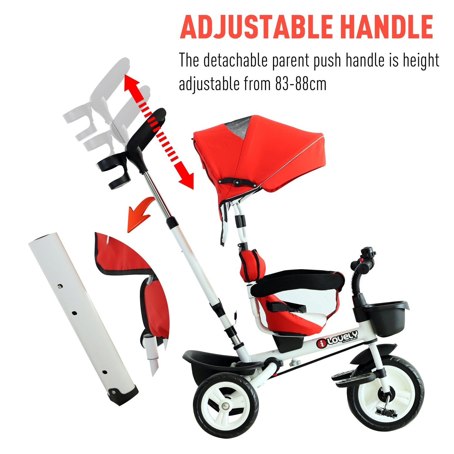 4-in-1 Baby Tricycle Folding Kids Trike Detachable w/ Canopy Red HOMCOM