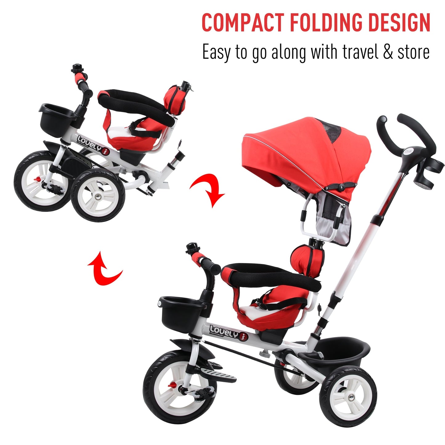 4-in-1 Baby Tricycle Folding Kids Trike Detachable w/ Canopy Red HOMCOM