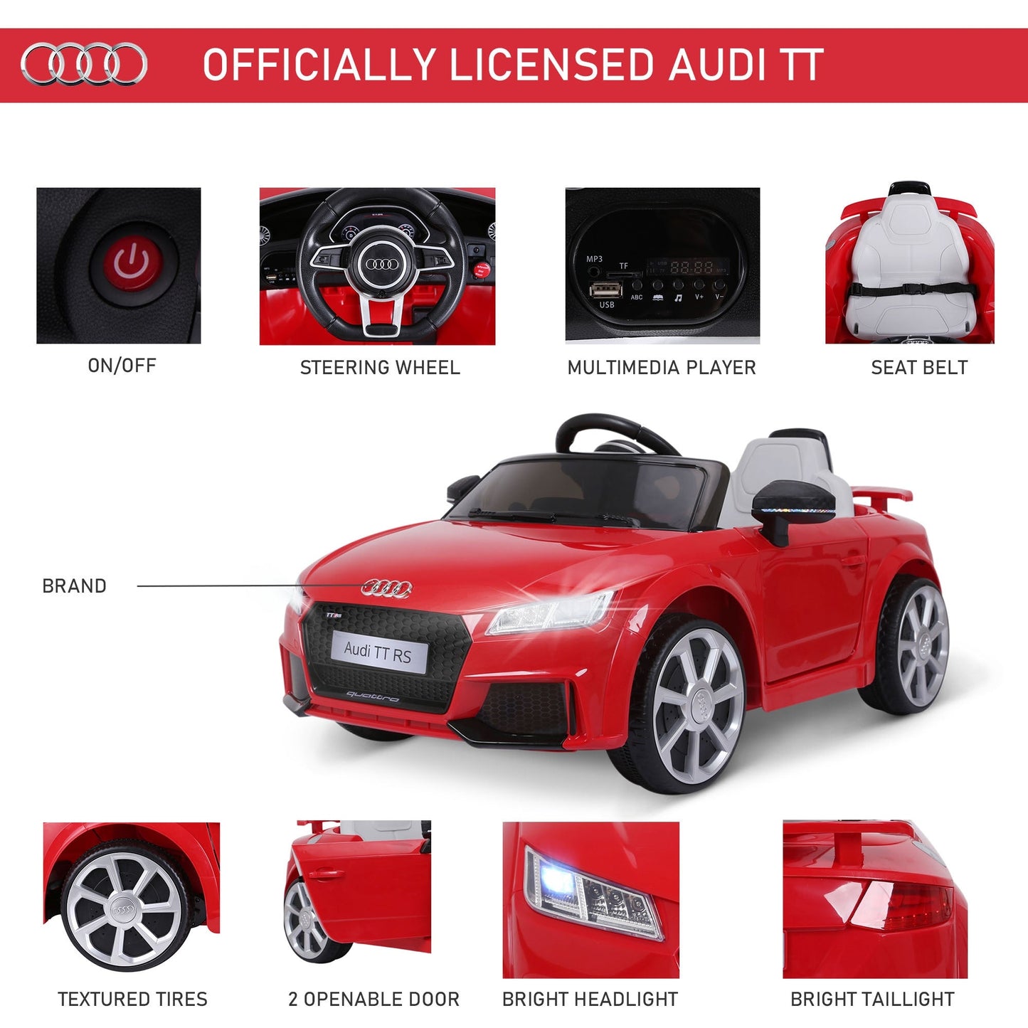 12V Battery Licensed Audi TT Ride On Car w/ Remote Headlight MP3 Red