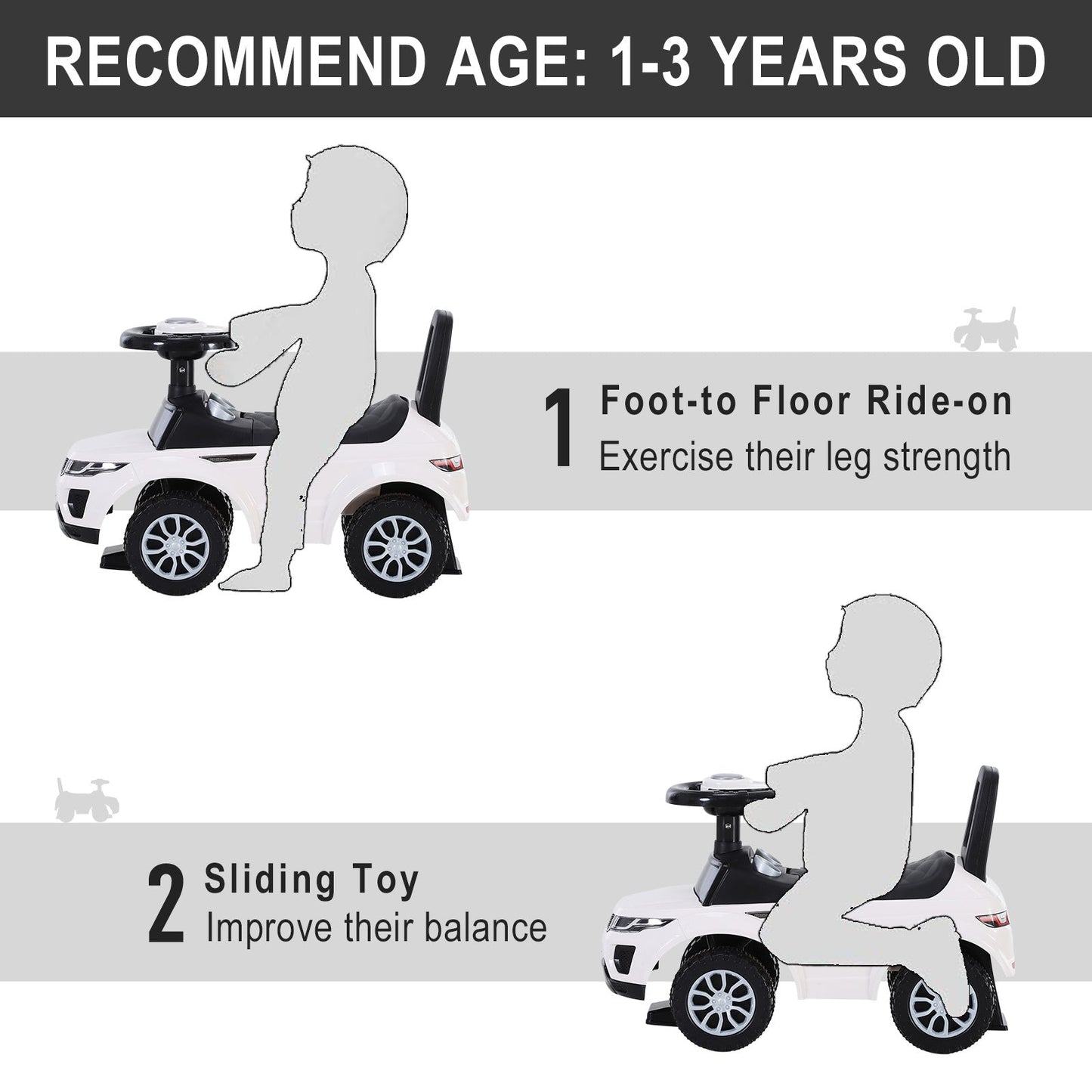 3-in-1 Ride On Car Foot To Floor Slider Toddler w/ Horn Steering White