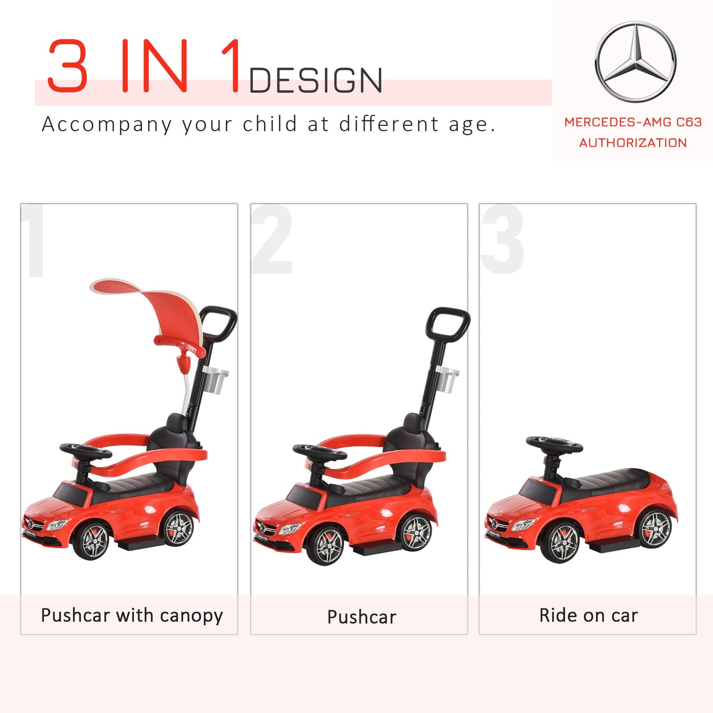 3 in 1 Ride on Push Car for Toddlers Stroller Sliding Car Toy 1-3 Years HOMCOM