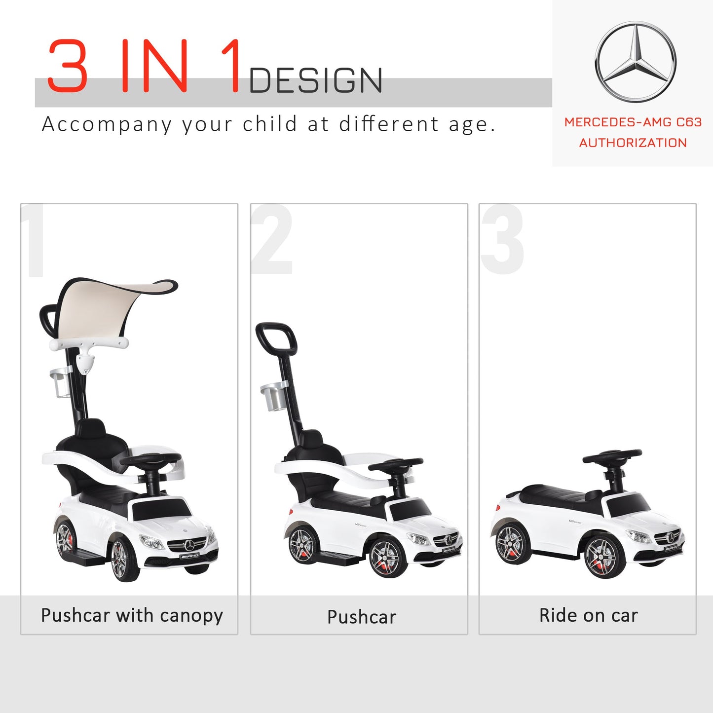 3 in 1 Ride on Push Car for Toddlers Stroller Sliding Car Toy 1-3 Years HOMCOM