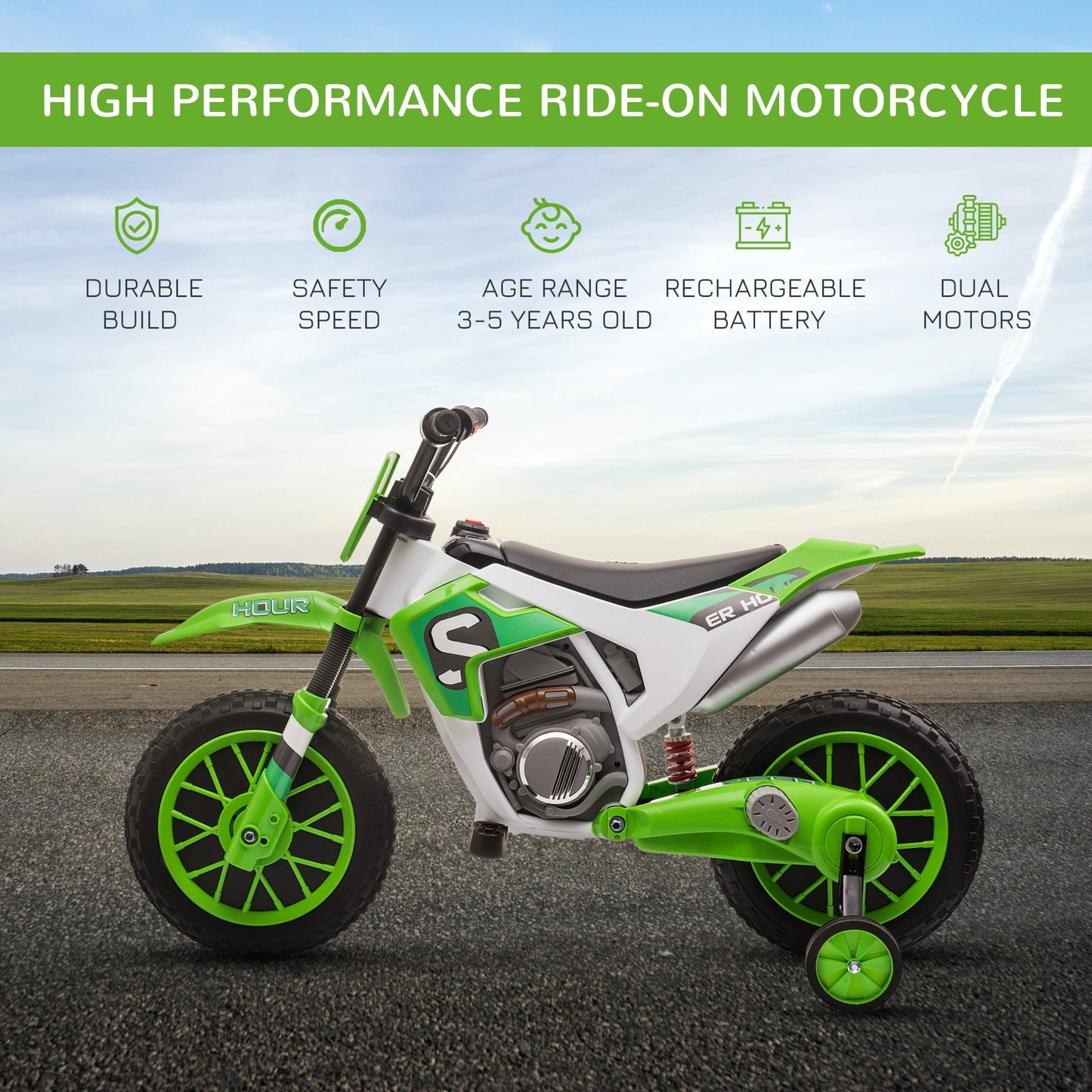 12V Kids Electric Motorbike Ride-On Motorcycle Training Wheels - Green