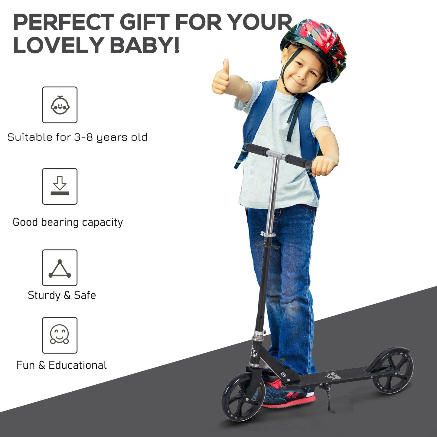 Kids Scooter Ride On Toy Height Adjustable For 7-14 Years, Black HOMCOM