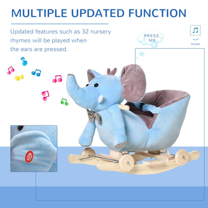 2-in-1 Baby Rocking Horse Ride On Elephant W/ Wheels Music, Blue