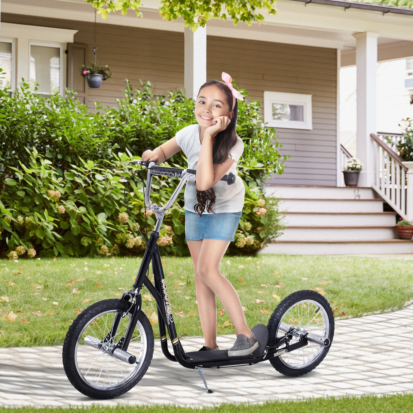 Teen Scooter Children Stunt Scooter 16" Tyres Adjustable Height, Black HOMCOM