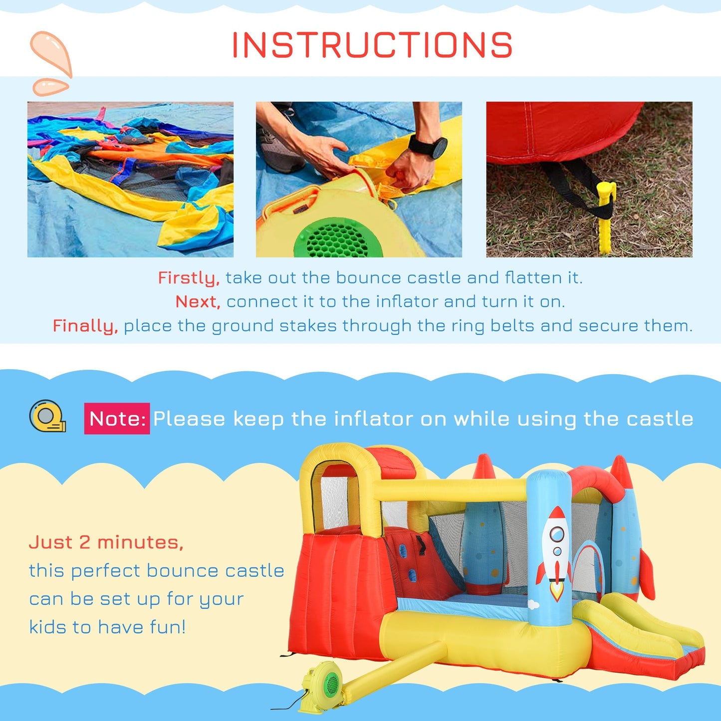 Bouncy Castle with Slide Pool Rocket Trampoline w/ Carrybag Blower