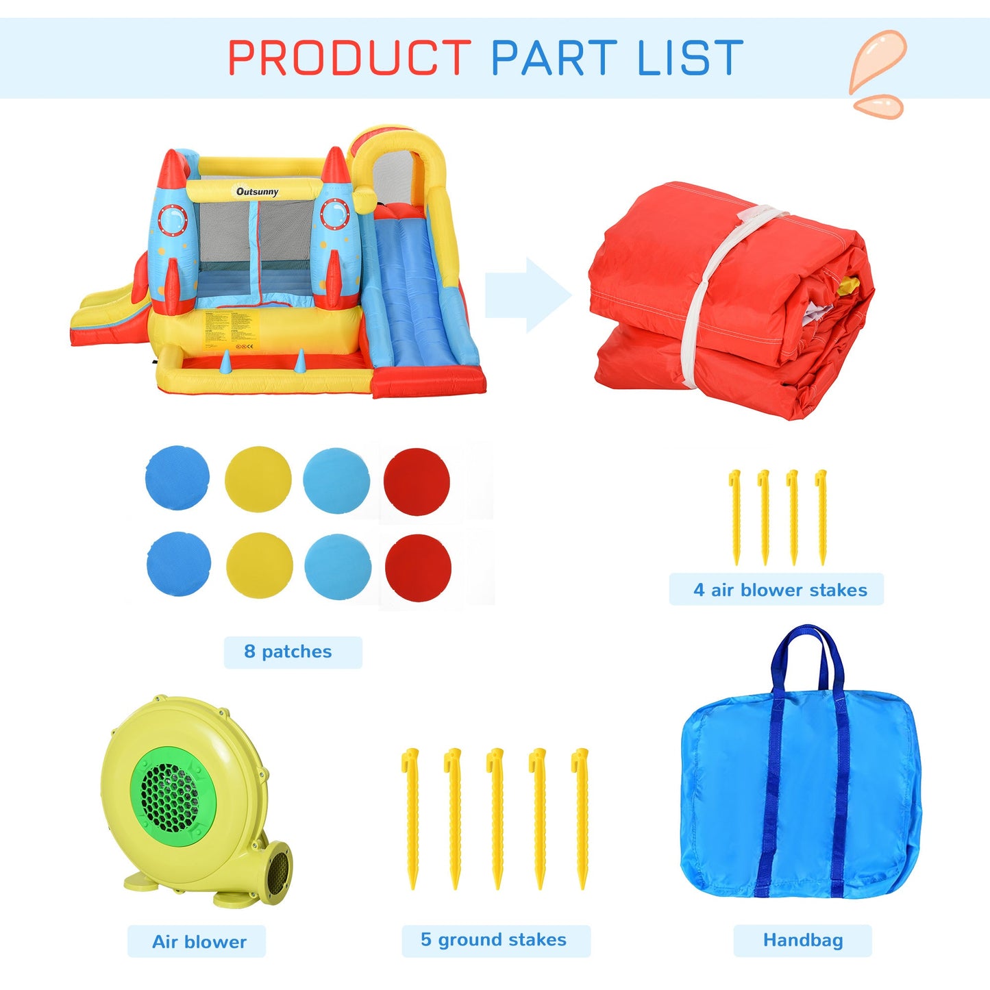 Bouncy Castle with Slide Pool Rocket Trampoline w/ Carrybag Blower