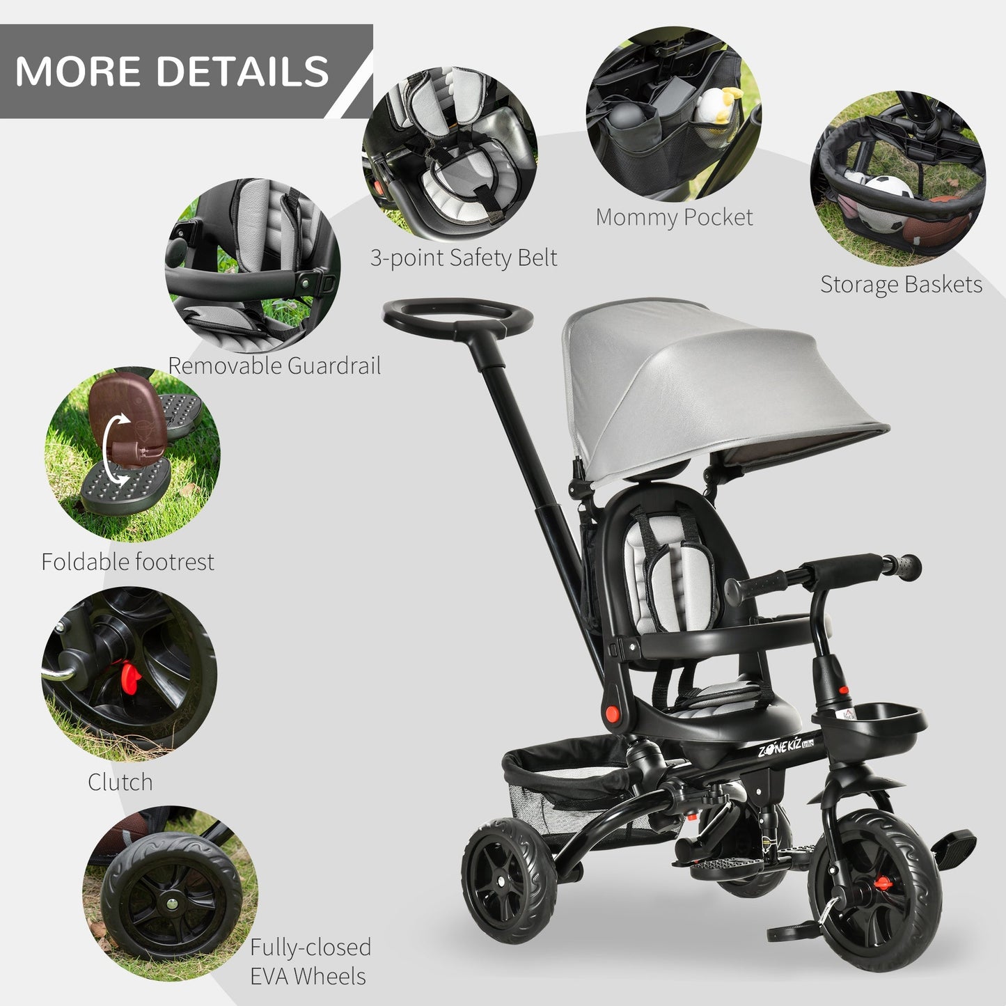 4 in 1 Kids Tricycle w/ Push Handle Brake Clutch Footrest Handrail Belt