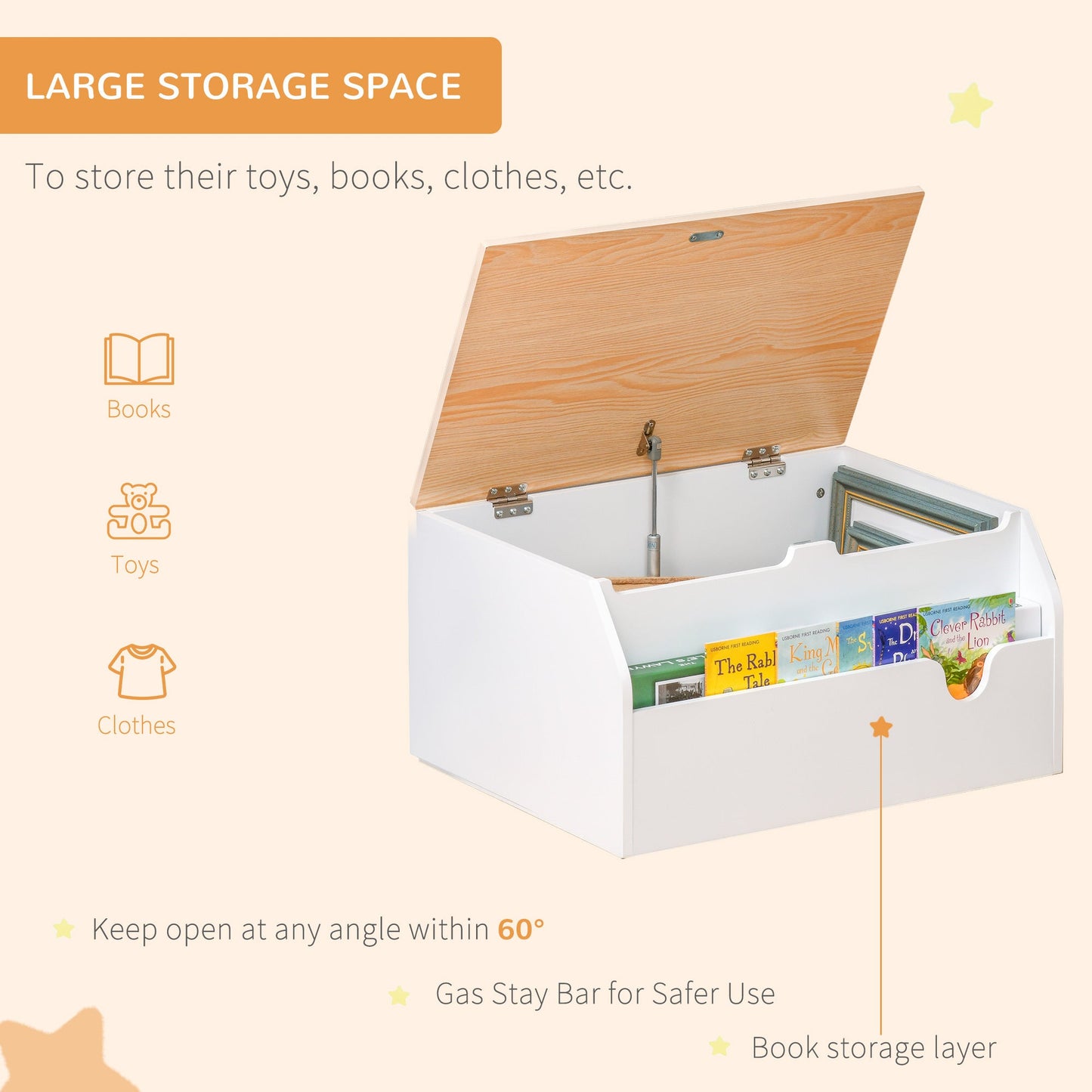 Wooden Kids Toy Box Children Storage Chest Organiser Book Slot White