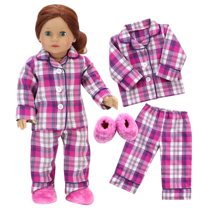 3 Piece Baby Dolls Clothes Set, 18 Inch Doll Flannel Pink Pijama & Slippers