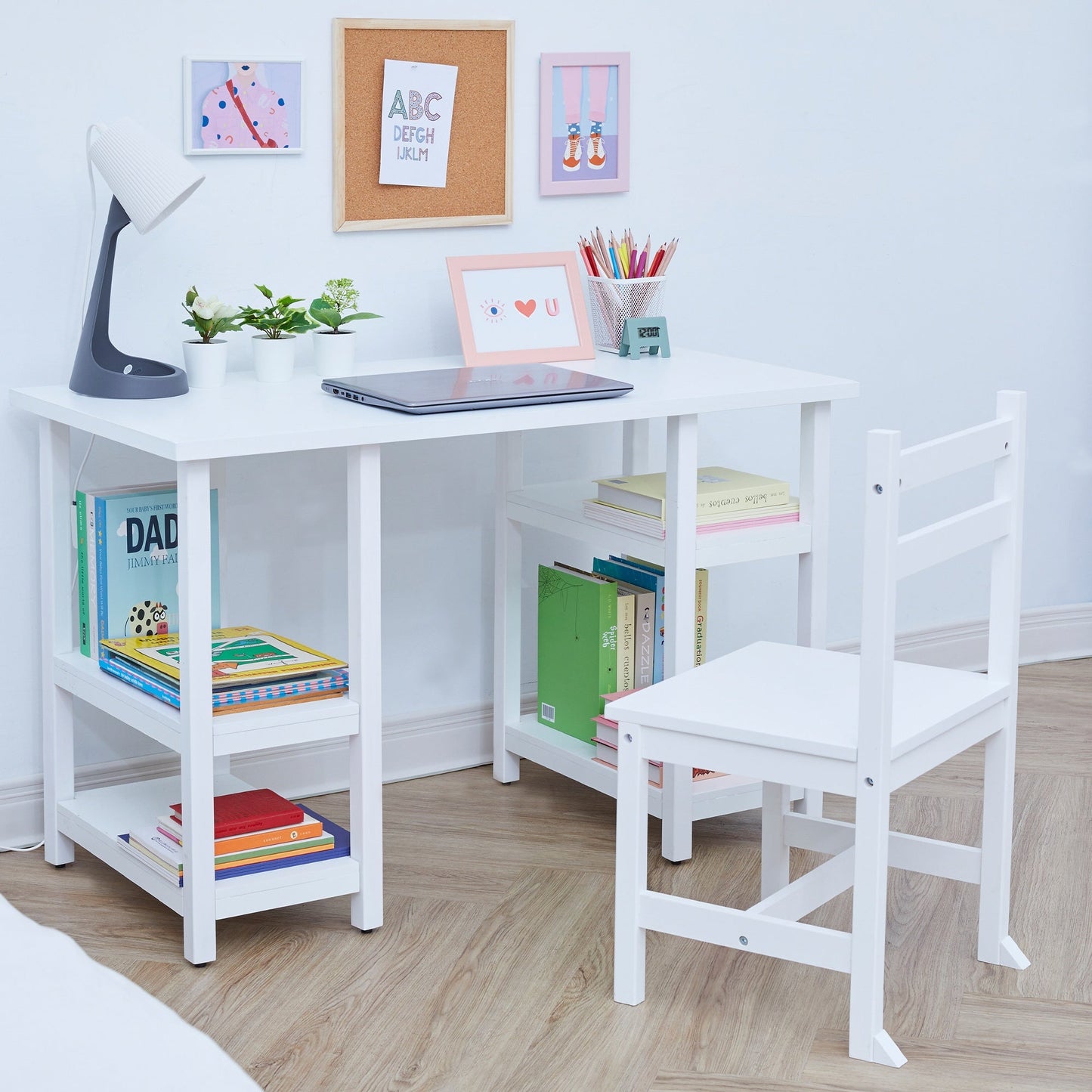 Wooden Writing Desk & Shelves, Children's Play Table & Chair Set, White