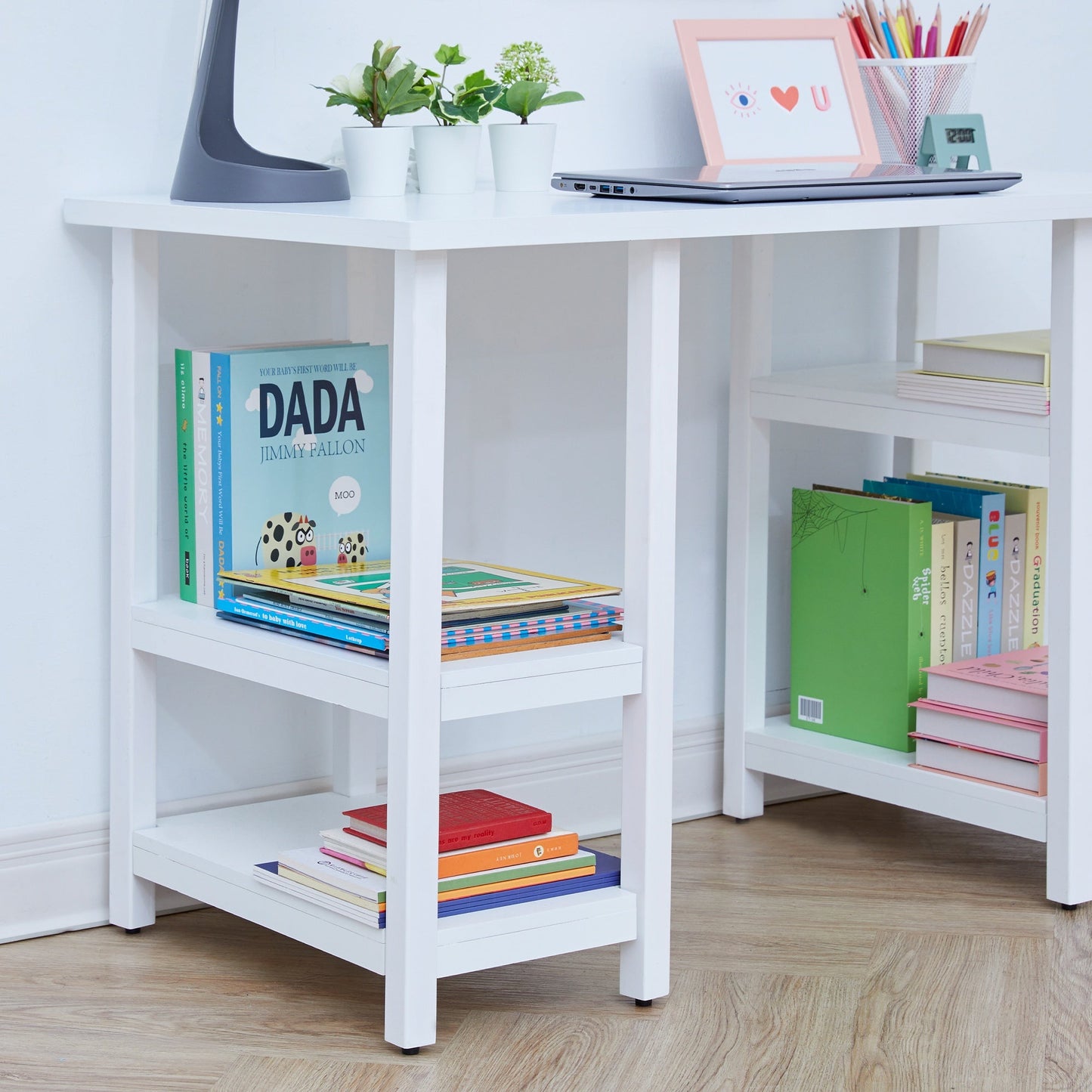 Wooden Writing Desk & Shelves, Children's Play Table & Chair Set, White