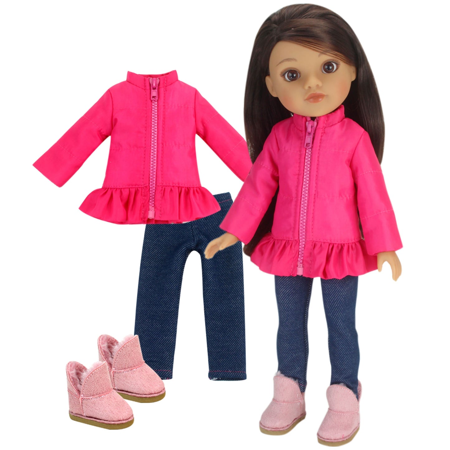 3 Piece Baby Dolls Clothes Set, 15" Doll Pink Jacket & Jeggings Outfit & Boots