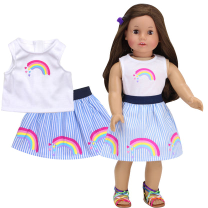 2 Piece Baby Dolls Clothes Set, 18" Doll Rainbow Top & Striped Skirt Outfit