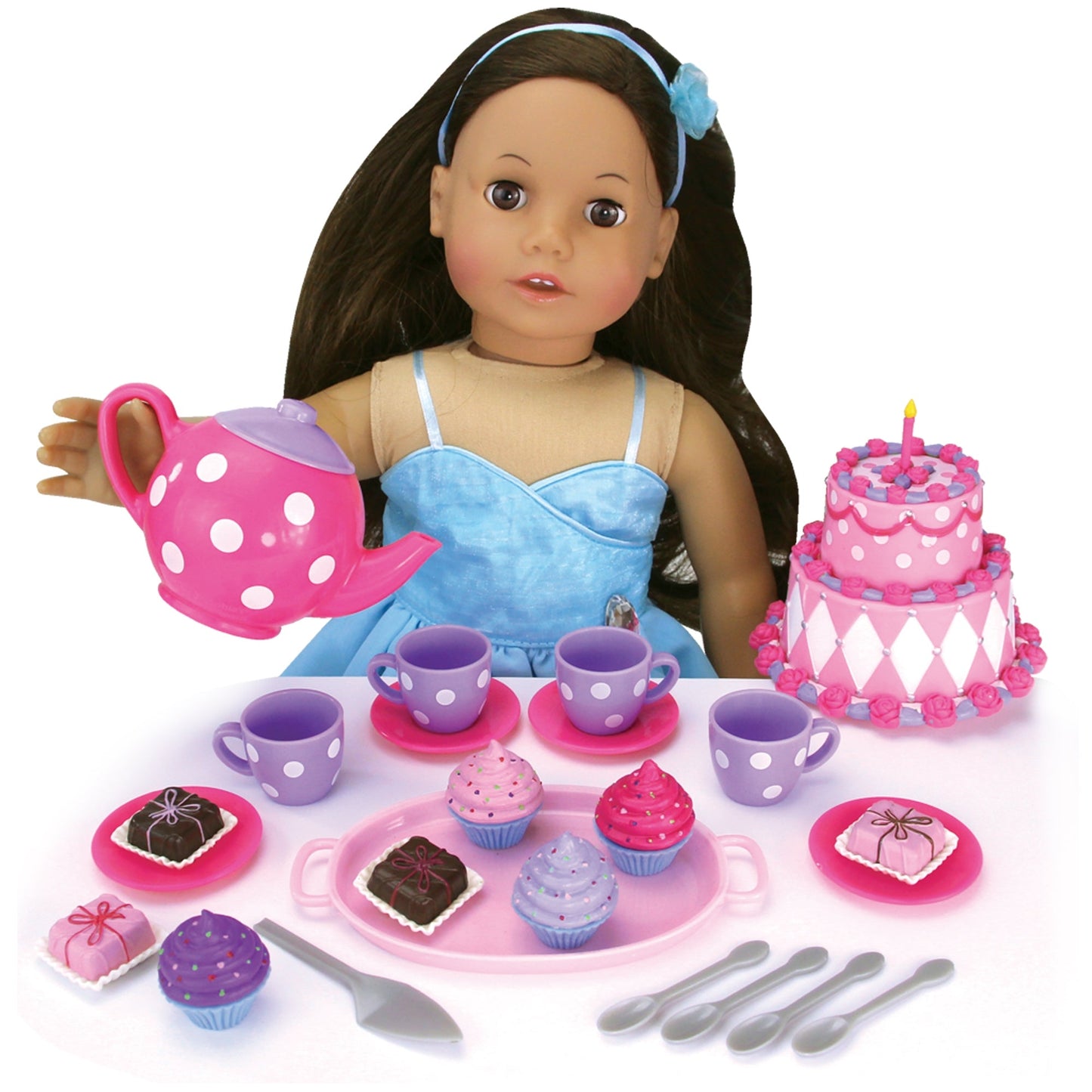 25 Piece Complete Cake & Tea Party Accessories Set Teapot, Teacups 18" Dolls