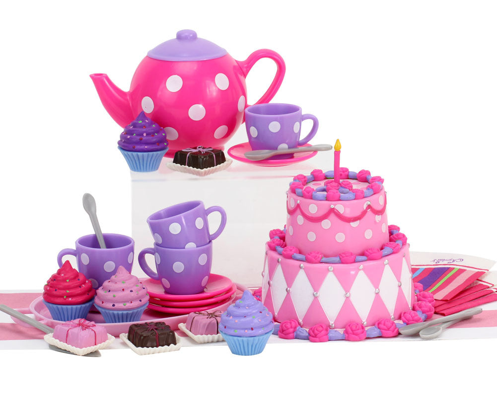 25 Piece Complete Cake & Tea Party Accessories Set Teapot, Teacups 18" Dolls