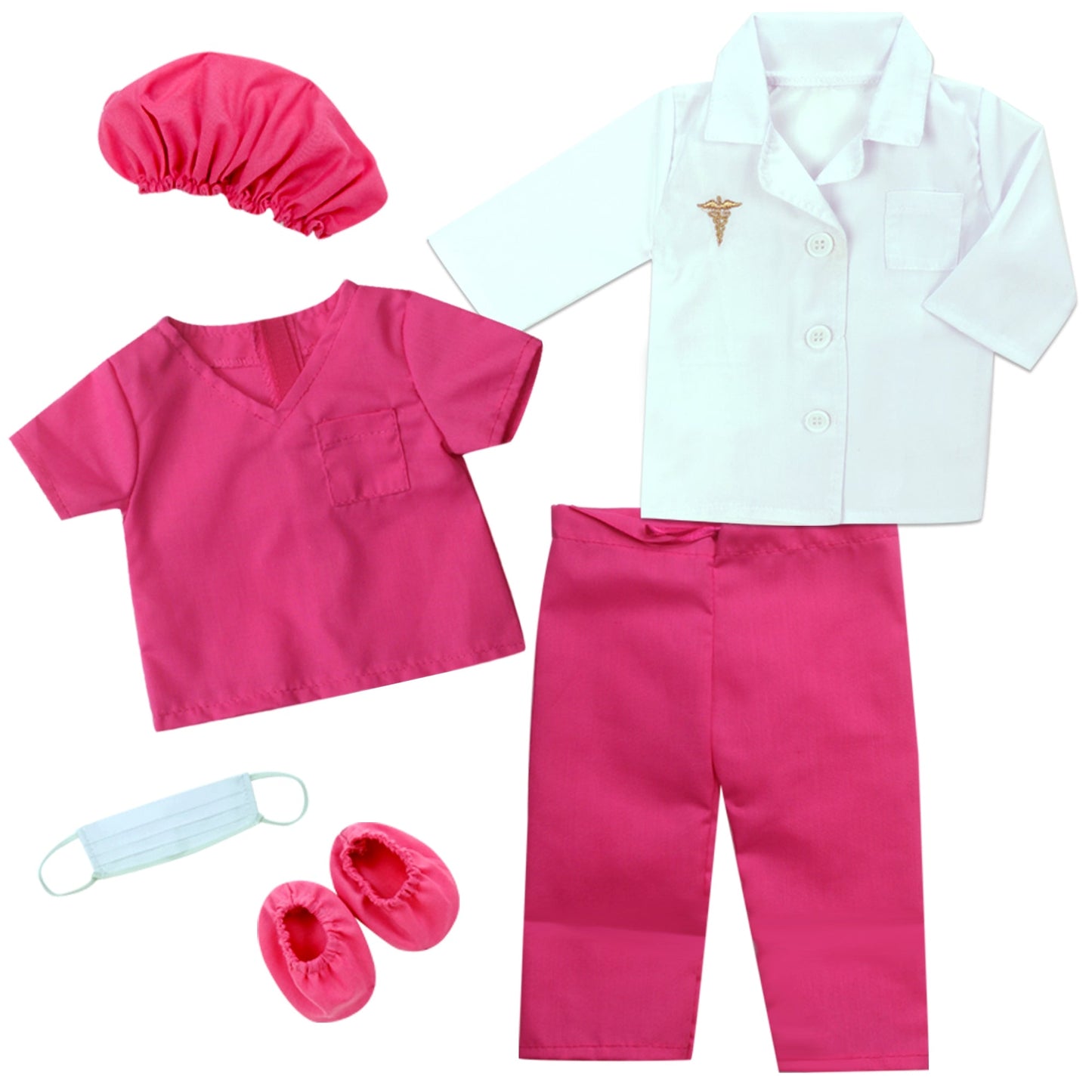 6 Piece Baby Dolls Clothes Set, 18" Doll Doctor Scrubs & Lab Coat Pink/White