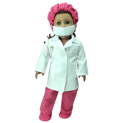 6 Piece Baby Dolls Clothes Set, 18" Doll Doctor Scrubs & Lab Coat Pink/White