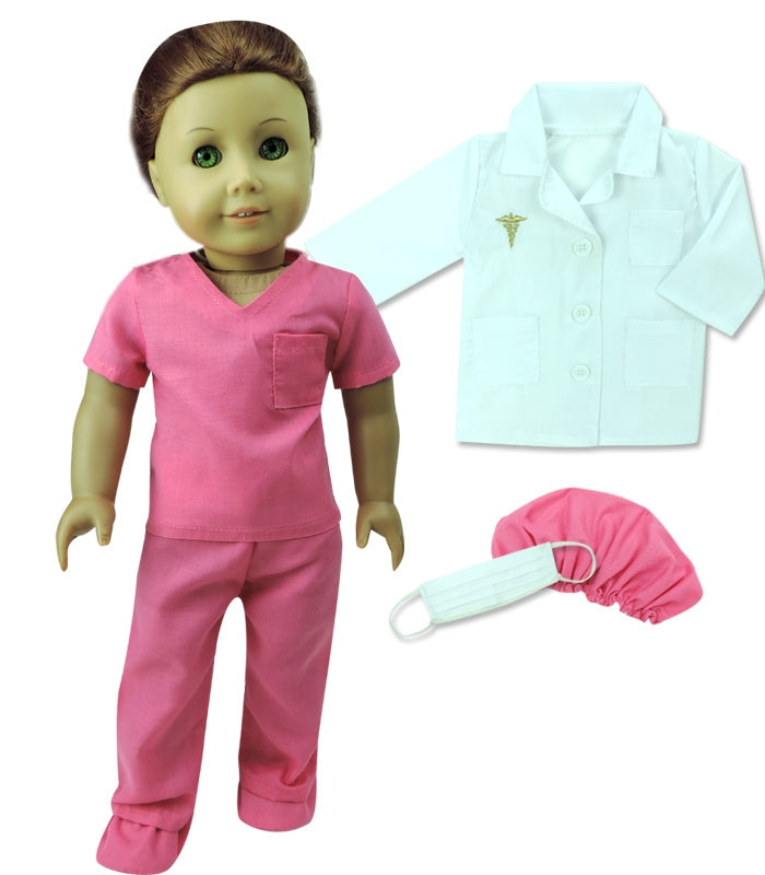 6 Piece Baby Dolls Clothes Set, 18" Doll Doctor Scrubs & Lab Coat Pink/White