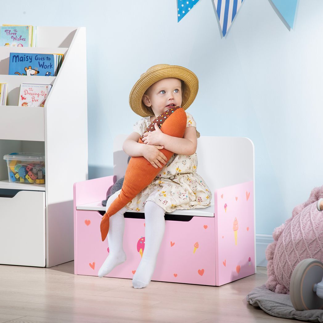 Two-In-One Wooden Toy Box, Kids Storage Bench w/ Safety Rod - Pink