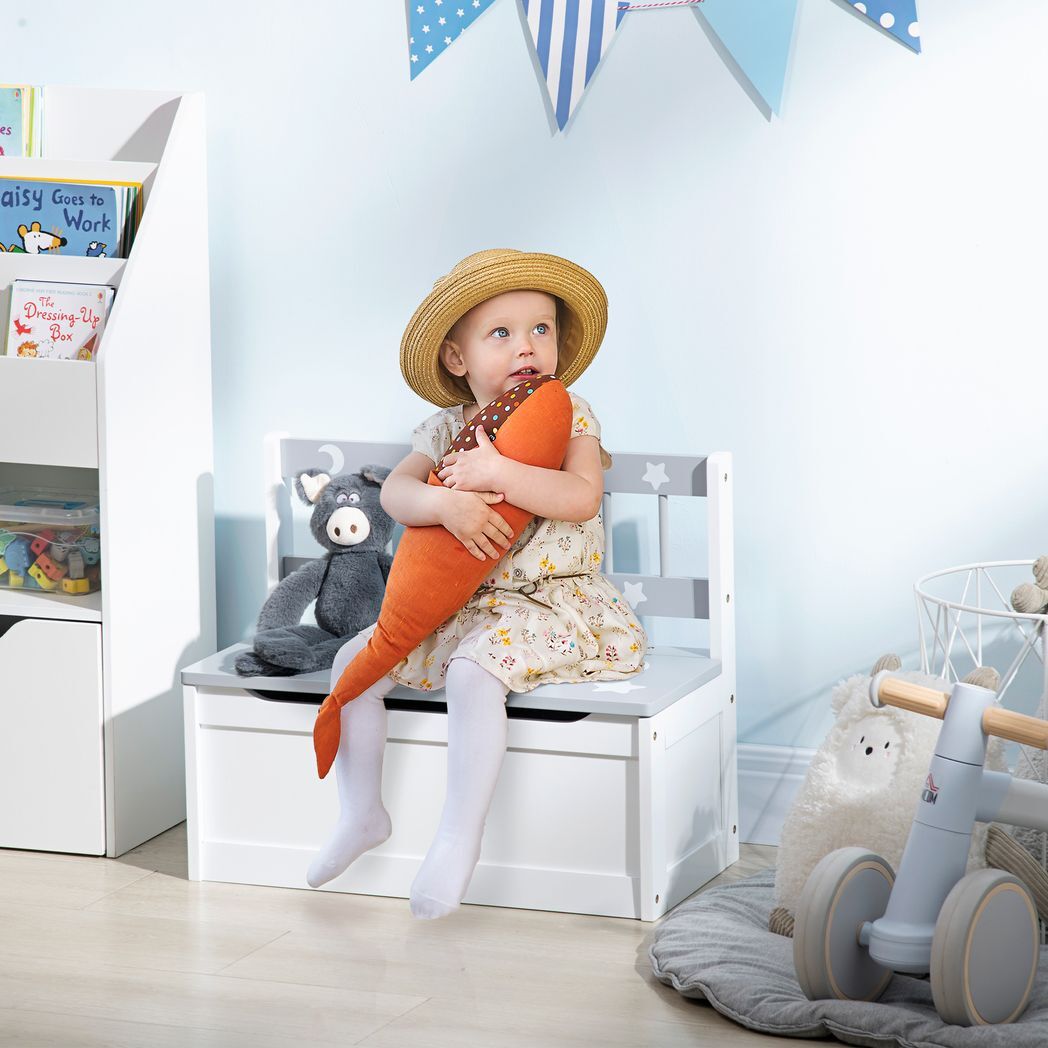 Two-In-One Wooden Toy Box, Kids Storage Bench w/ Safety Rod - Grey