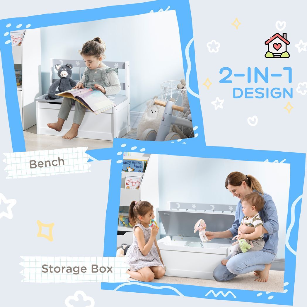 Two-In-One Wooden Toy Box, Kids Storage Bench w/ Safety Rod - Grey