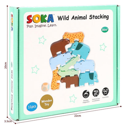 SOKA Wooden Wild Animal Stacking Toy Balancing Building Blocks 3 year old +